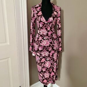 Arden B Bodycon Midi Dress Pink Brown Floral Small 2000s Made in USA